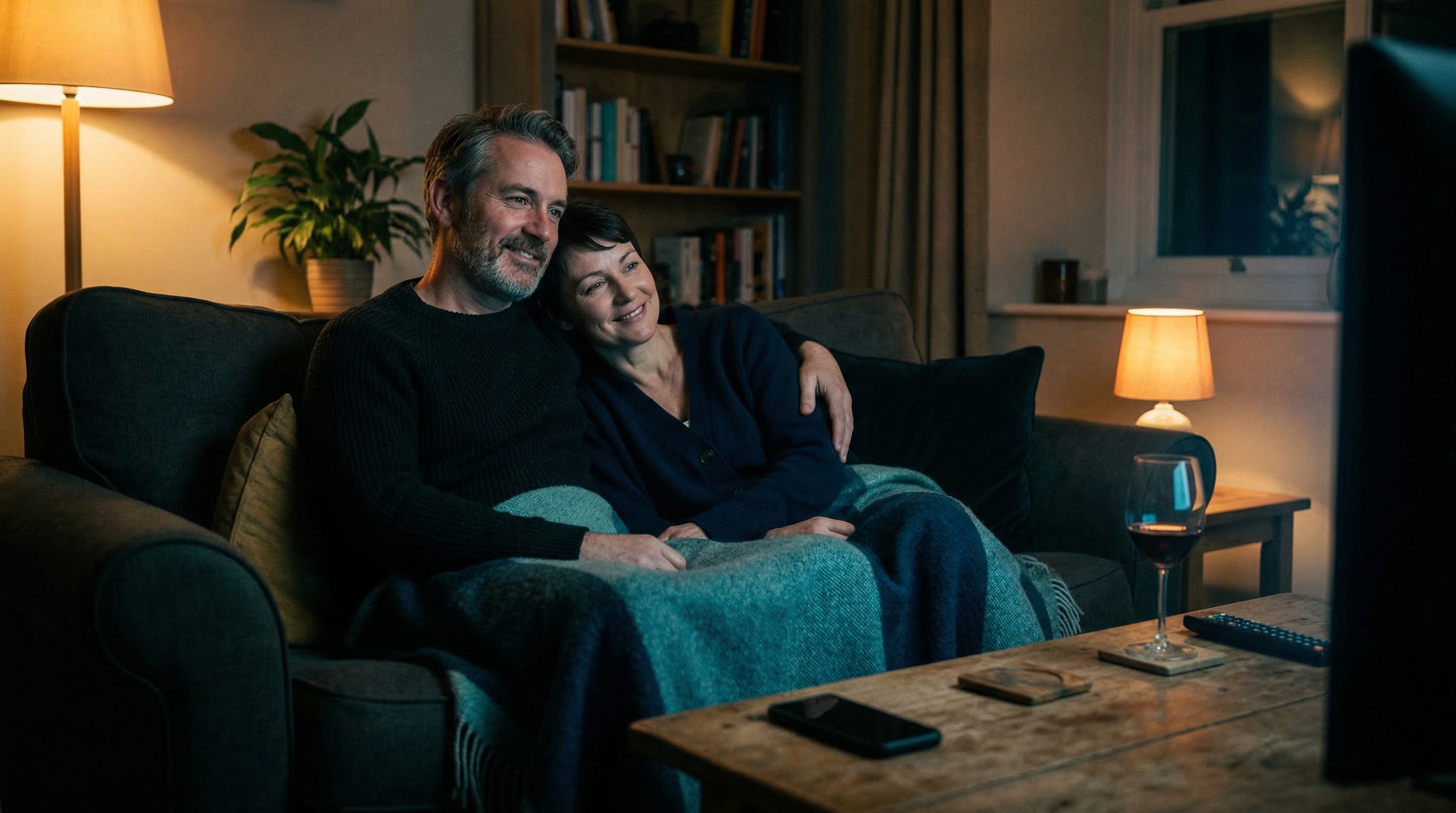 Home service business owner relaxing at home in the evening while AI handles after-hours calls