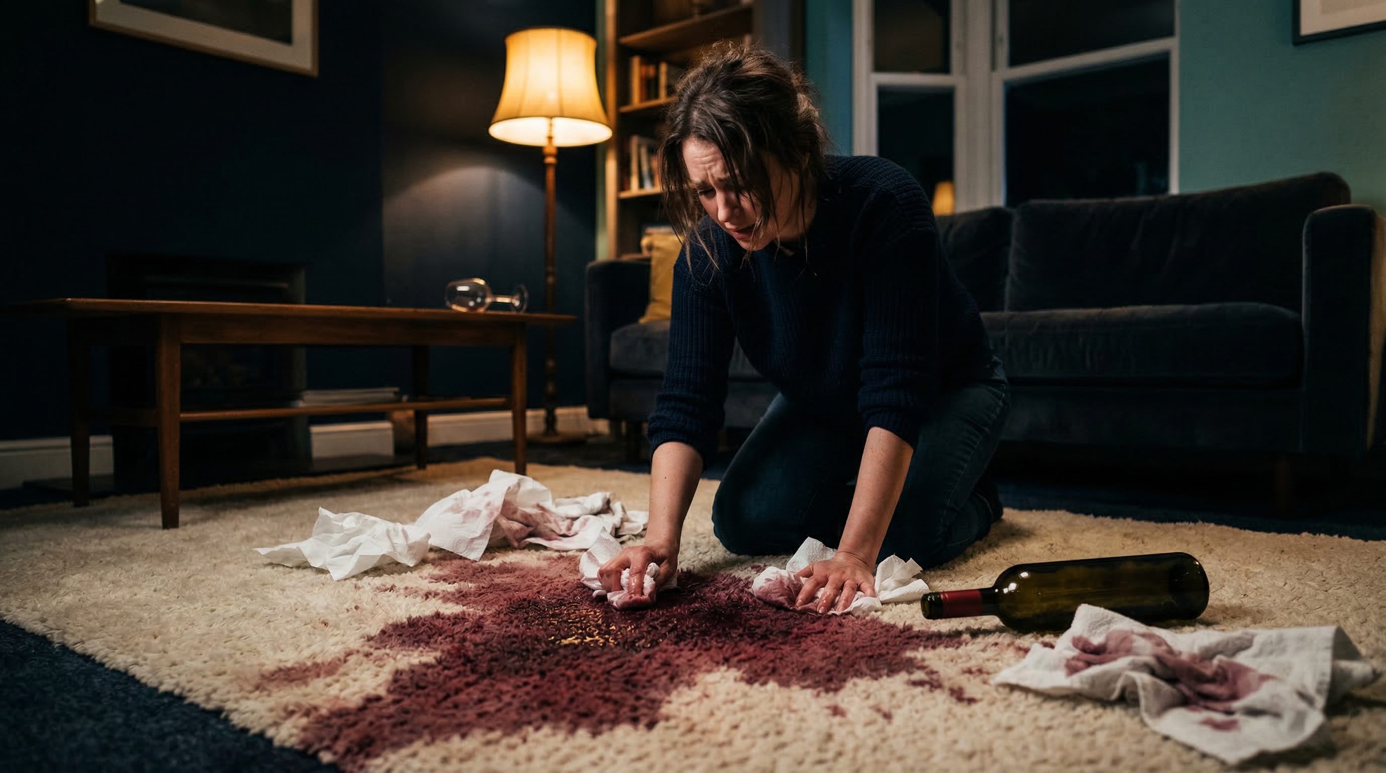 Homeowner desperately cleaning large red wine stain on carpet needing professional carpet cleaning