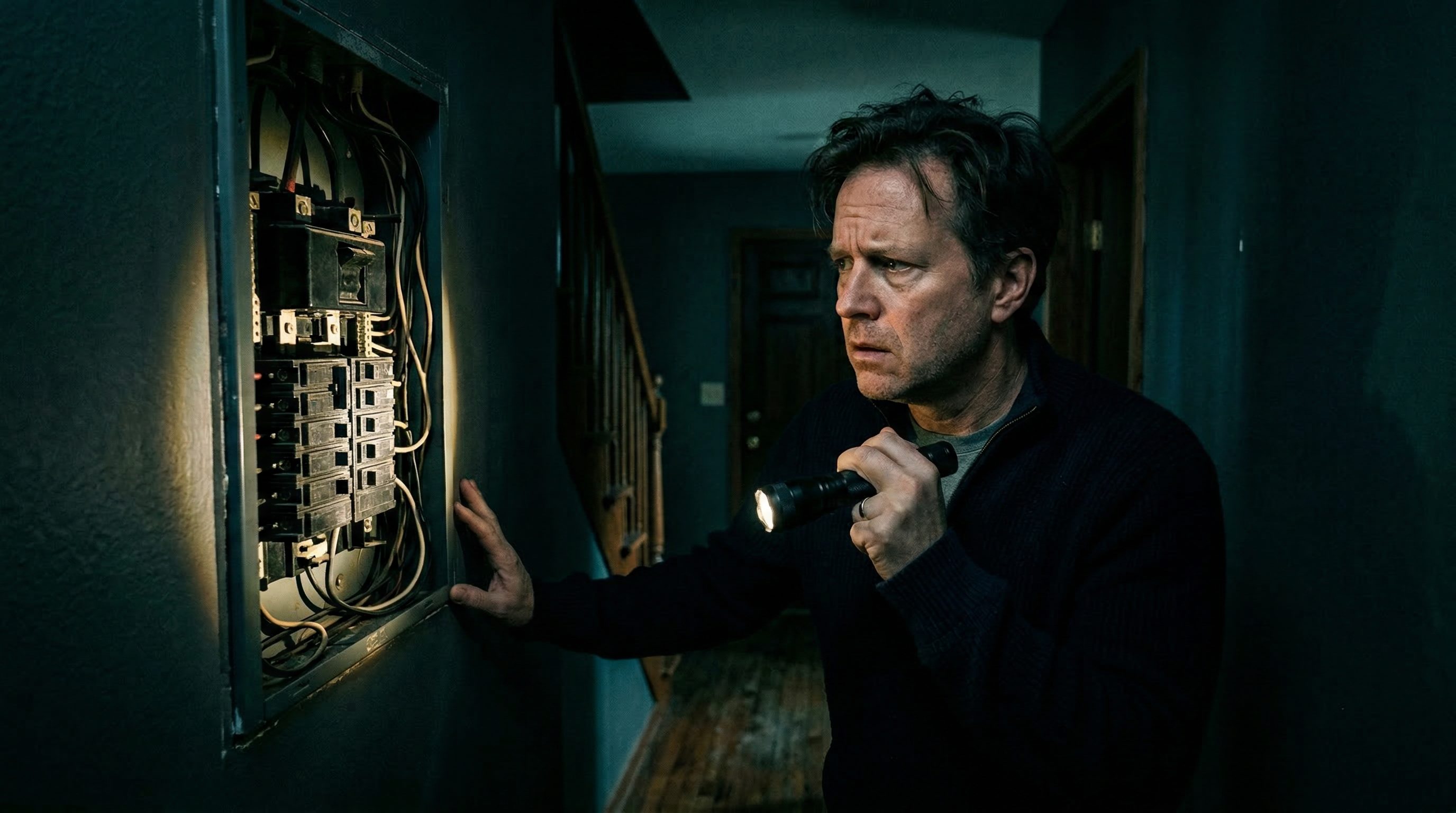 Homeowner with flashlight checking breaker panel during power outage at night needing emergency electrician