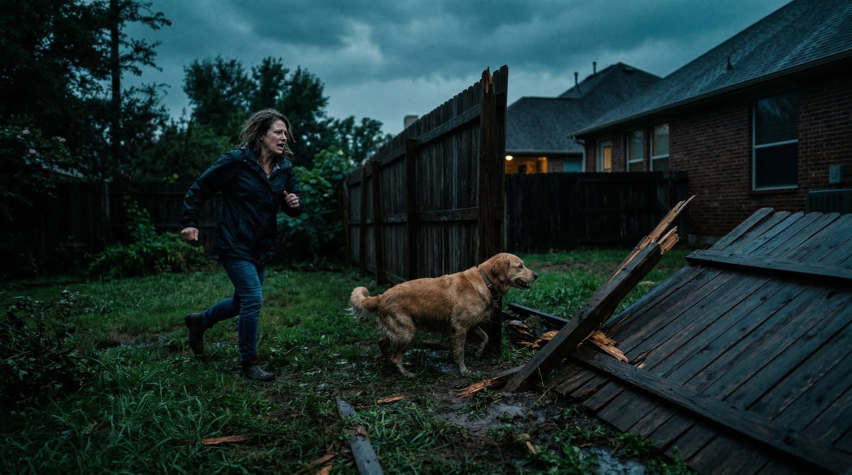 Homeowner chasing dog near storm-damaged broken fence needing emergency fence repair