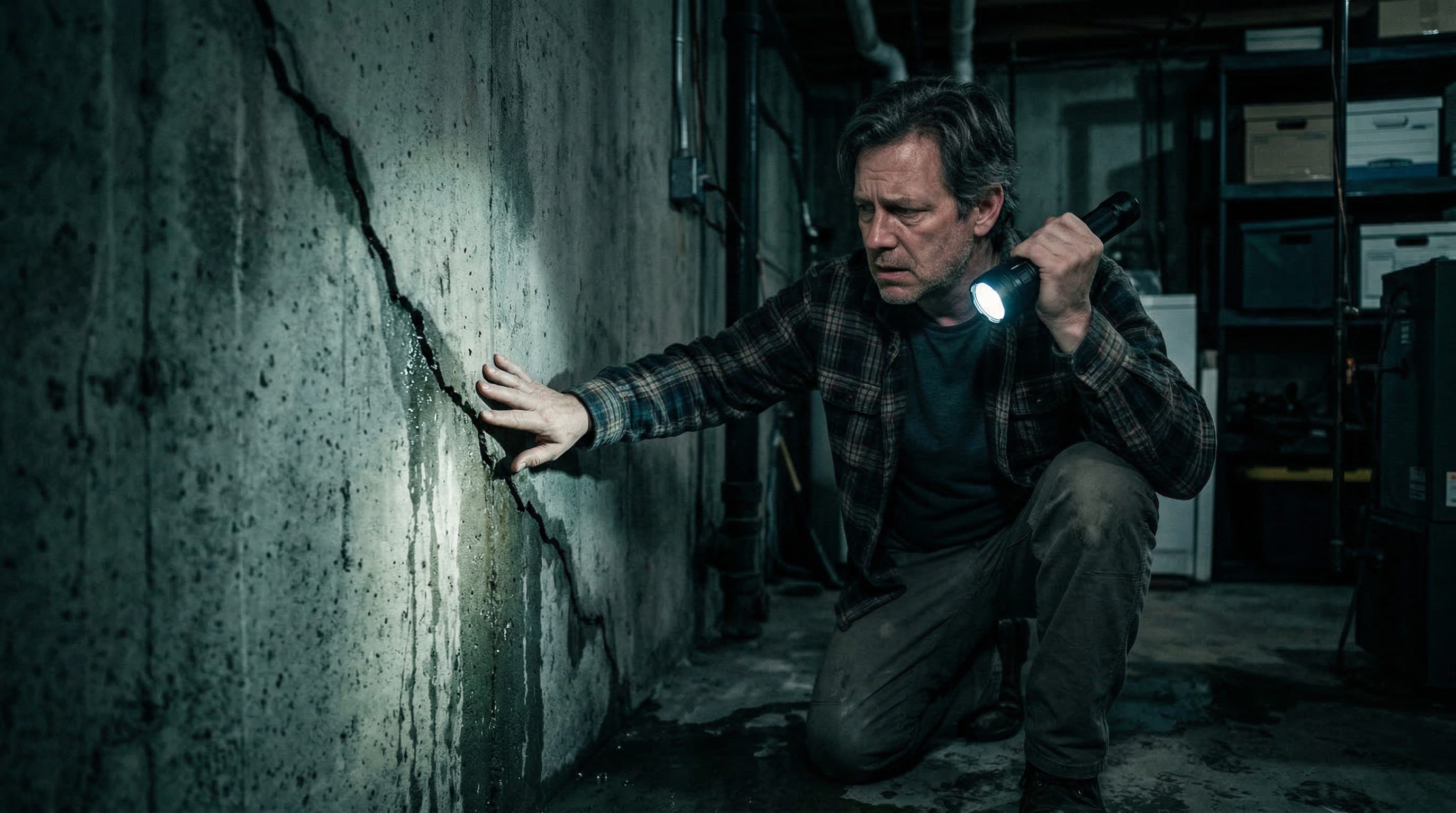 Homeowner examining large crack in basement foundation wall with water seeping through