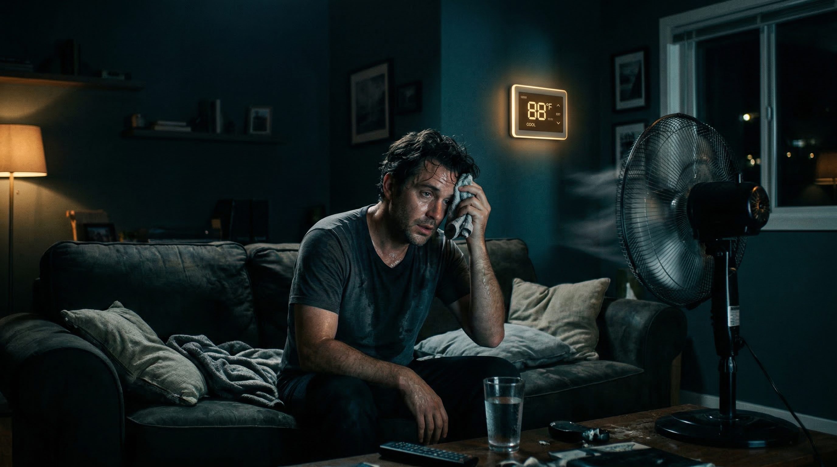 Frustrated homeowner sweating in hot house with broken AC at night needing emergency HVAC repair