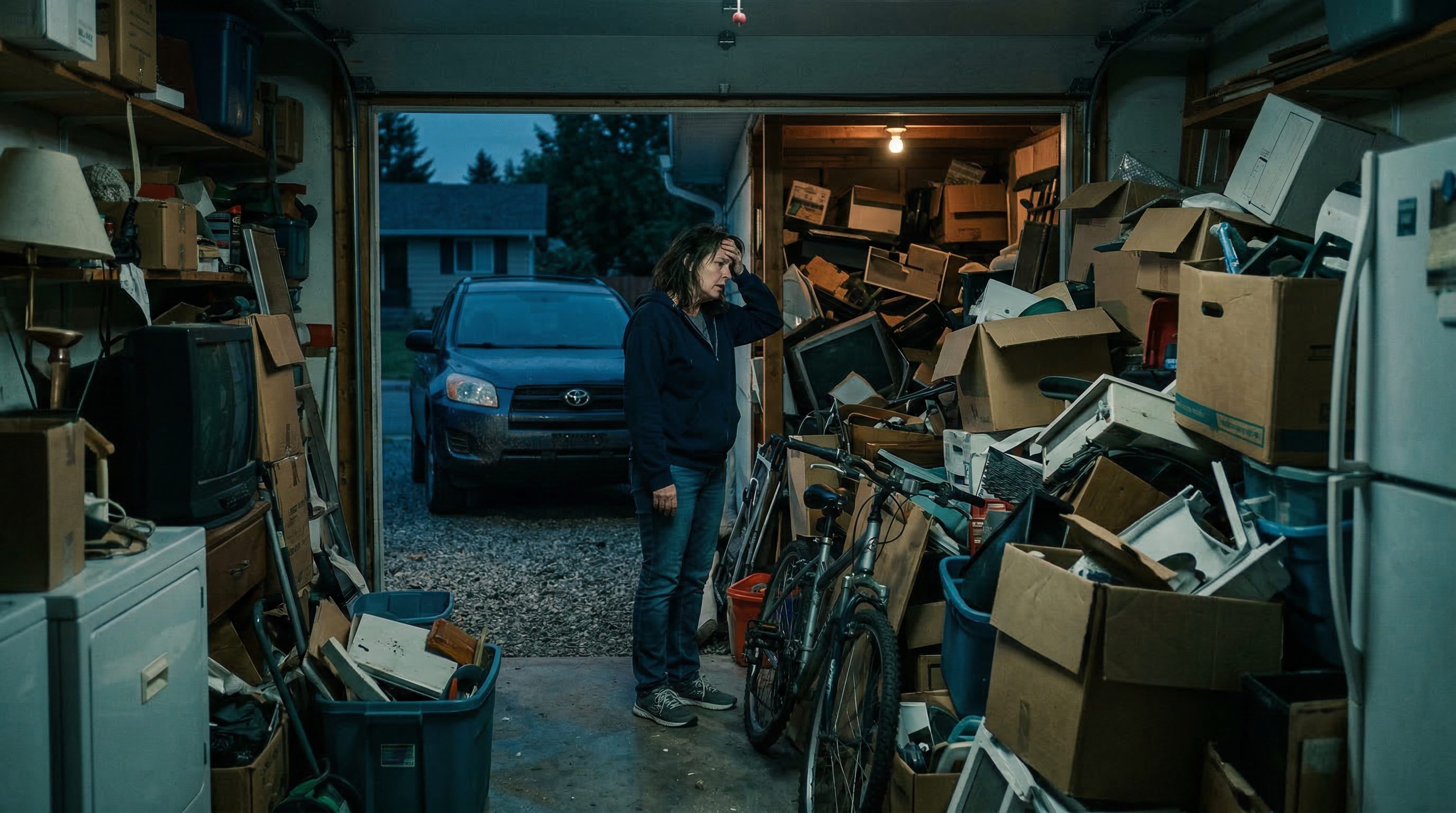 Homeowner standing in garage packed floor to ceiling with junk needing junk removal service