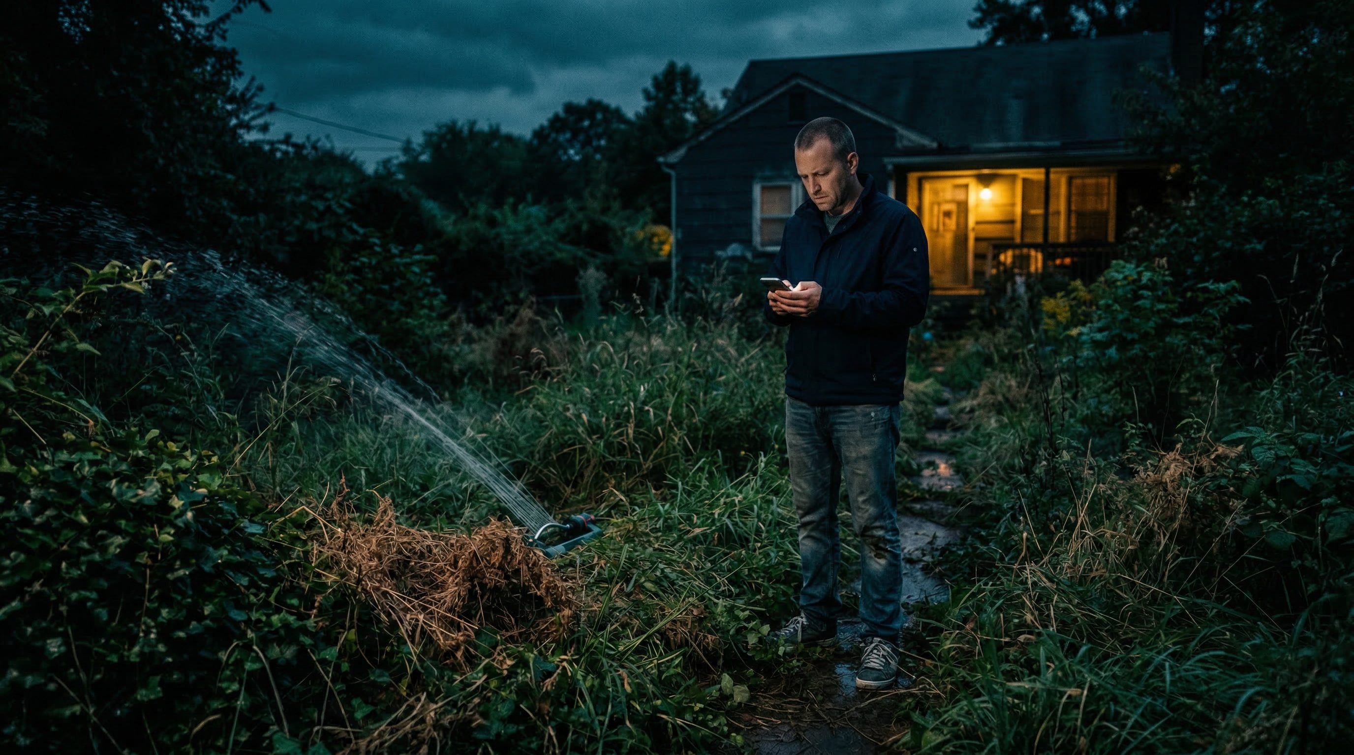 Homeowner with overgrown yard and broken sprinkler system needing professional lawn care service