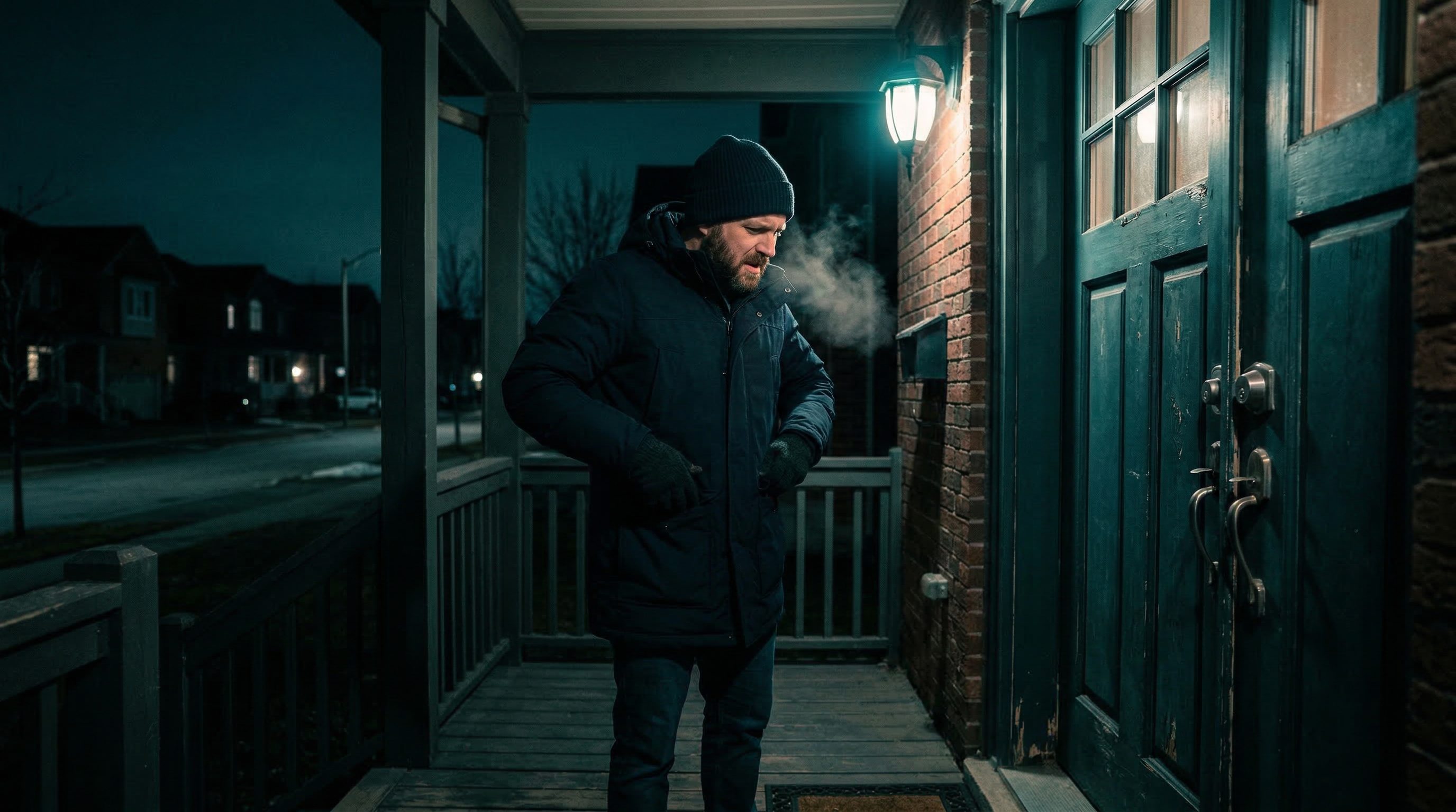 Person locked out of home in freezing cold at night needing emergency locksmith service