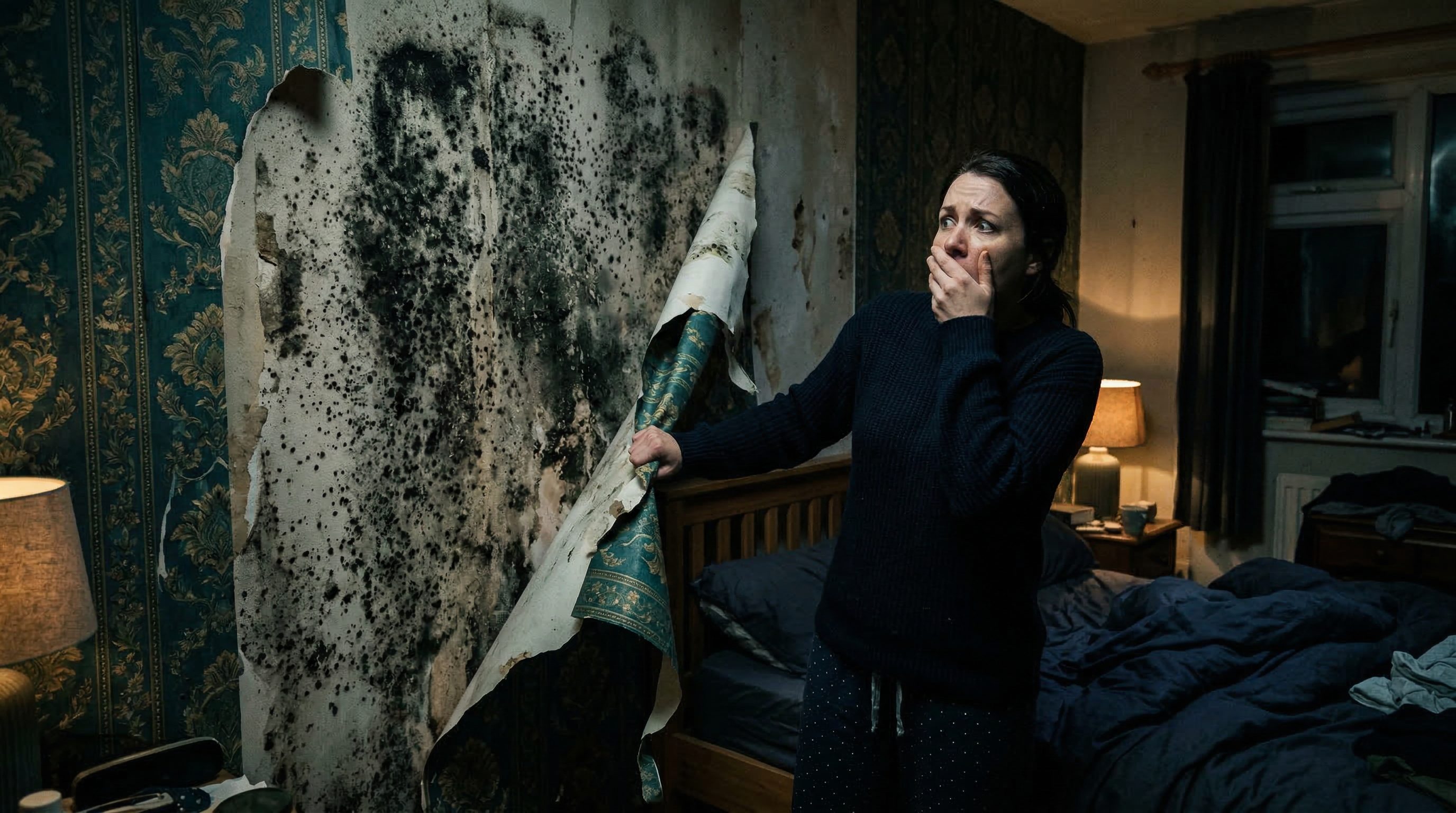 Horrified homeowner discovering black mold behind wallpaper needing professional mold remediation