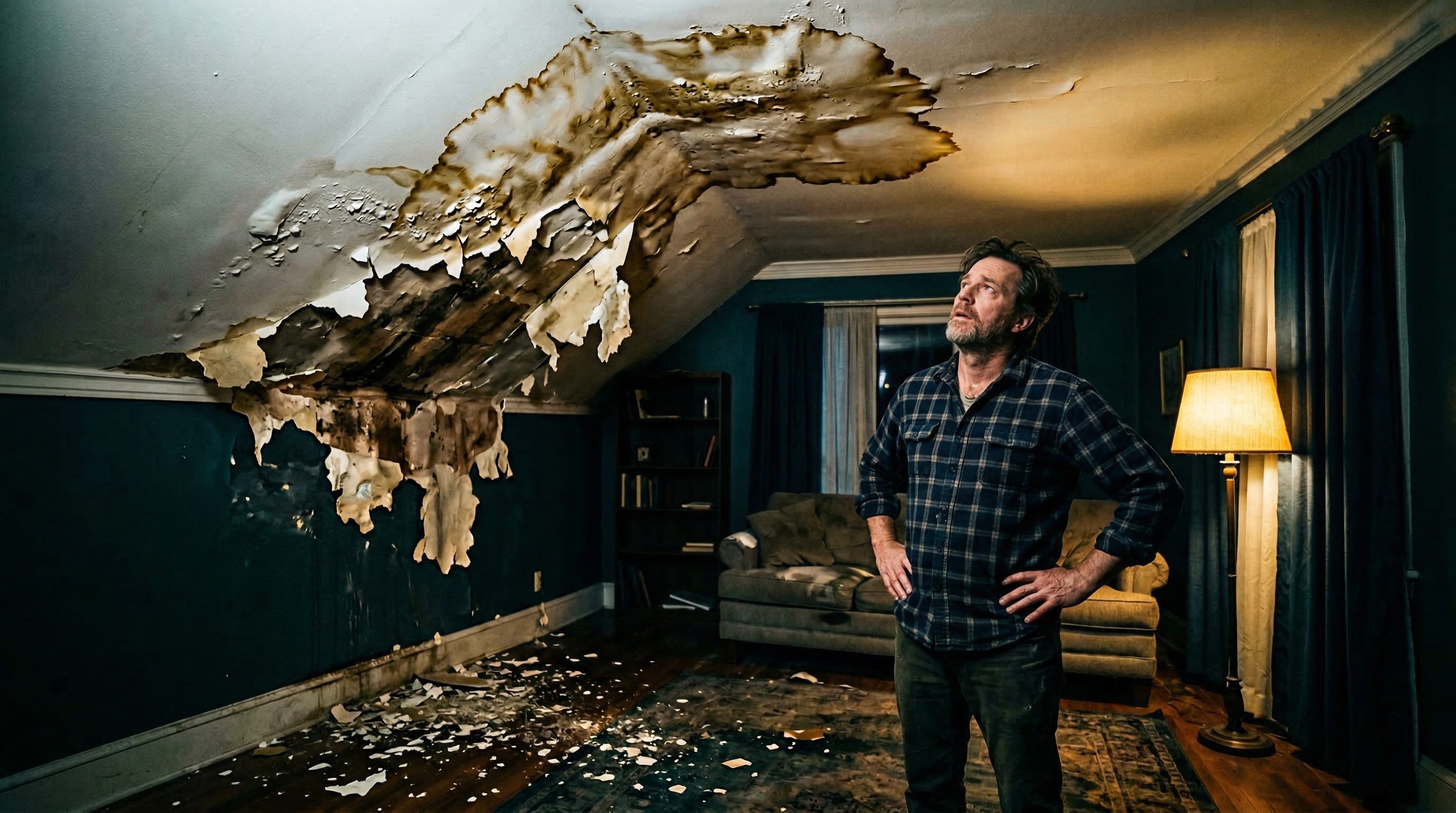 Homeowner looking at severely peeling paint and water damage on ceiling needing professional painter