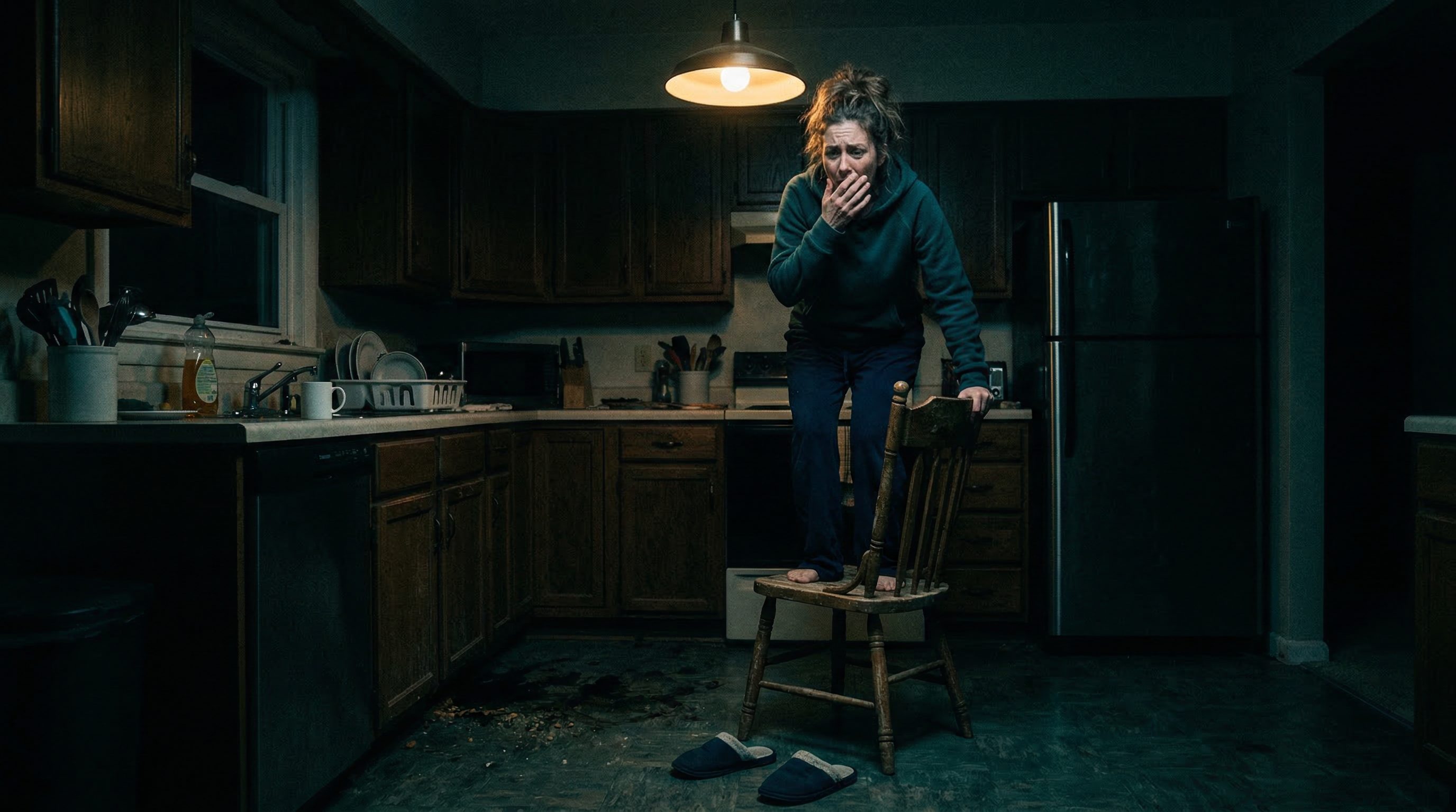 Frightened homeowner standing on chair in kitchen due to pest problem needing emergency pest control