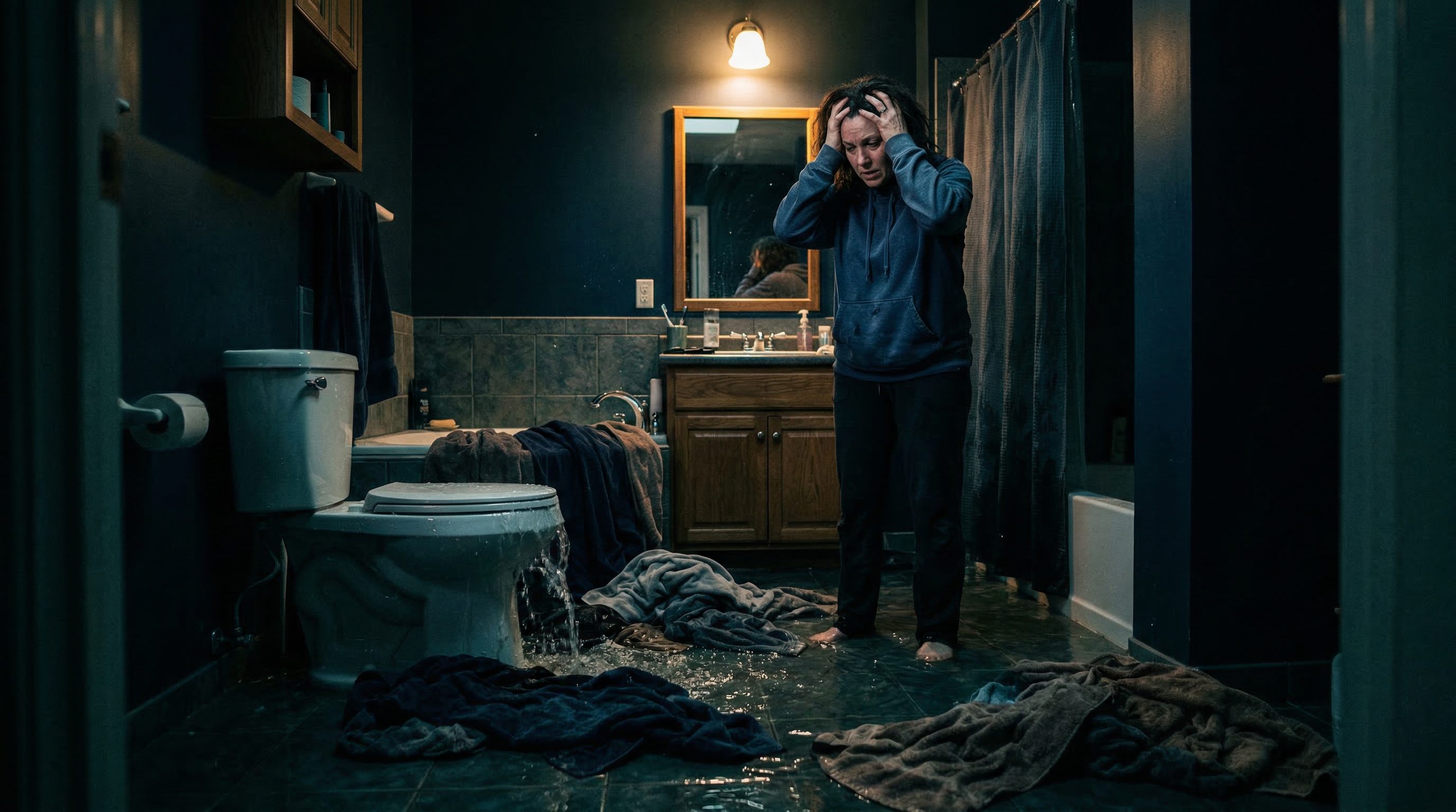 Stressed homeowner dealing with overflowing toilet and septic backup needing emergency septic service