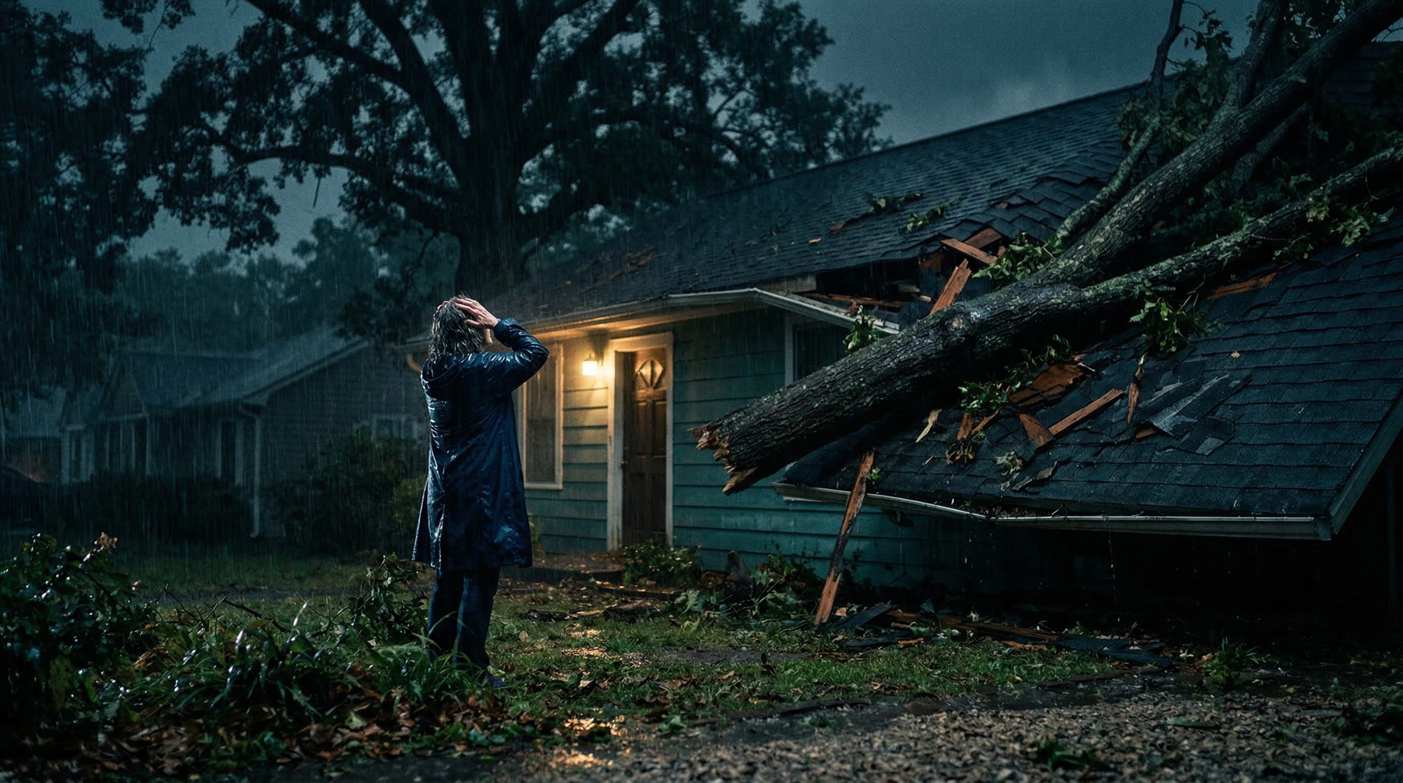 Homeowner looking at fallen tree on roof during storm needing emergency tree removal service